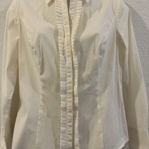 LOFT White Ruffle Button‑Down Blouse – Women’s Size 10 Cotton Long Sleeve